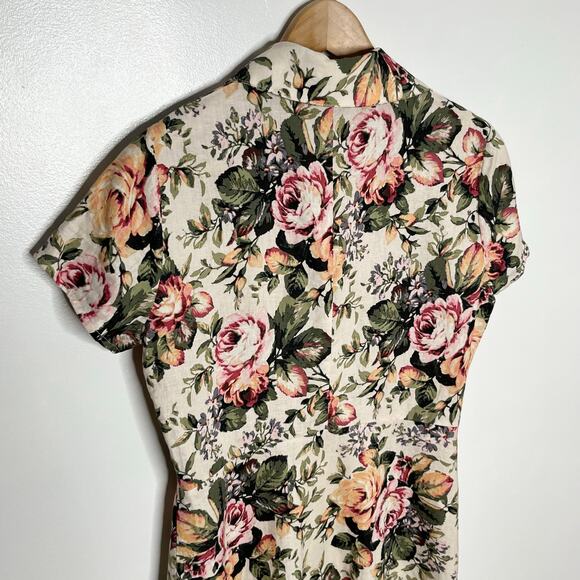 Olivaceous Womens Linen Blend Short Sleeve Mini Shirtdress Medium Cream Floral - Picture 7 of 10